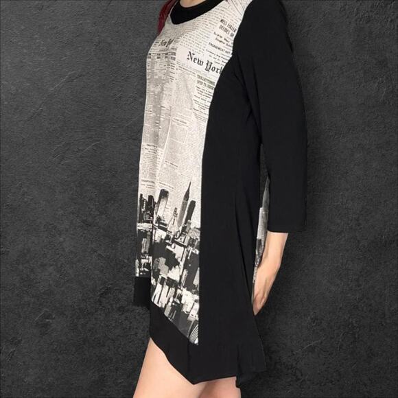 Y2K Newspaper Print Mini Dress Black and White Medium - Picture 3 of 6